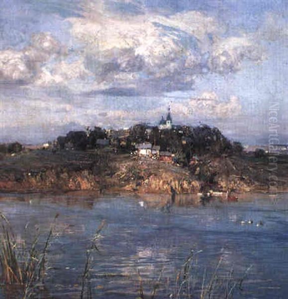 The Village Across The River Oil Painting by Ivan Feodorovich Kolesnikov