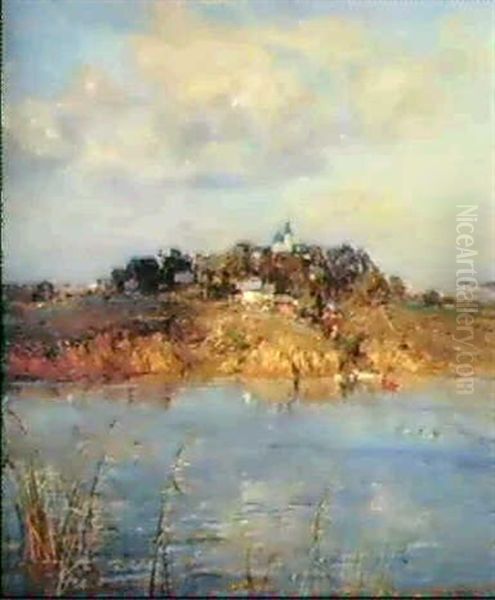 The Village Across The River Oil Painting by Ivan Feodorovich Kolesnikov