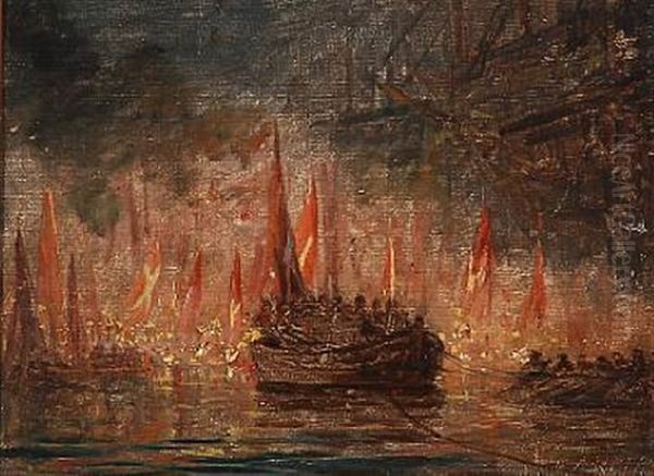 King Frederick Vii Of Denmark Is Sailed Back To Copenhagen In His Coffin Oil Painting by Anton (Claus) Kolle