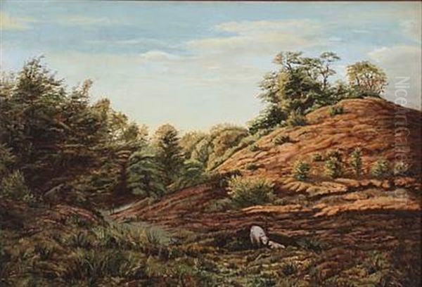 Hilly Landscape With A Sheep And A Lamb Oil Painting by Anton (Claus) Kolle