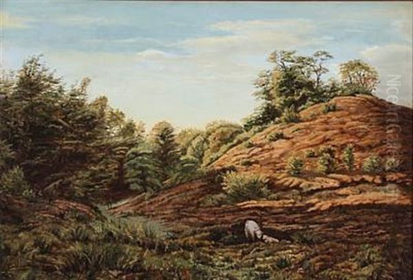 Hilly Landscape With A Sheep And A Lamb Oil Painting by Anton (Claus) Kolle