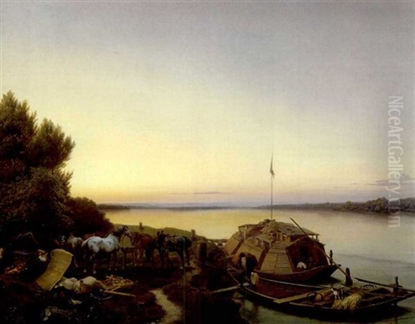 Nachtliche Rast Der Schiffer Mit Den Treidelpferden Mit Vor Anker Liegendem Boot Oil Painting by Johann Caspar Koeller