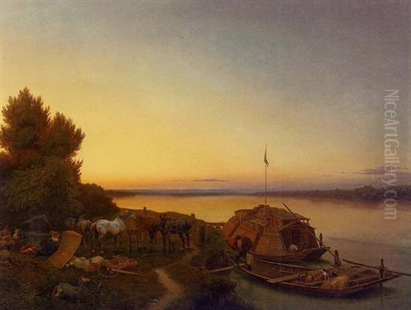 The Boat-horses Resting At Sunset Oil Painting by Johann Caspar Koeller