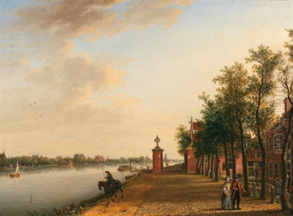 Stadtpromenade Mit Einem Ehepaar Und Einem Reiter Am Kanal Bei Sloterdijk Oil Painting by Johann Jacob Koller