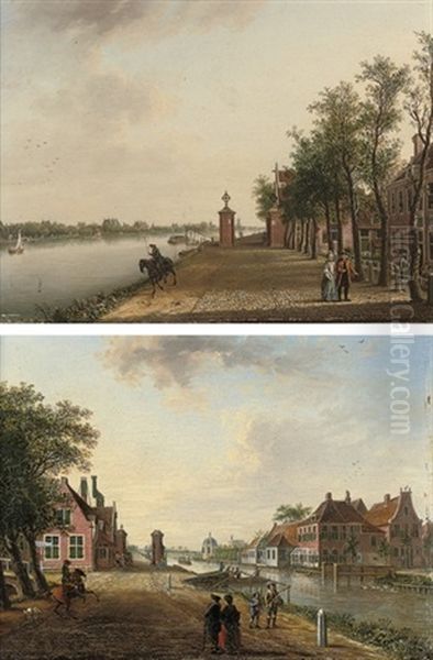 A Figure On Horseback And Others By A Canal (+ Figures Strolling By A Canal; Pair) Oil Painting by Johann Jacob Koller