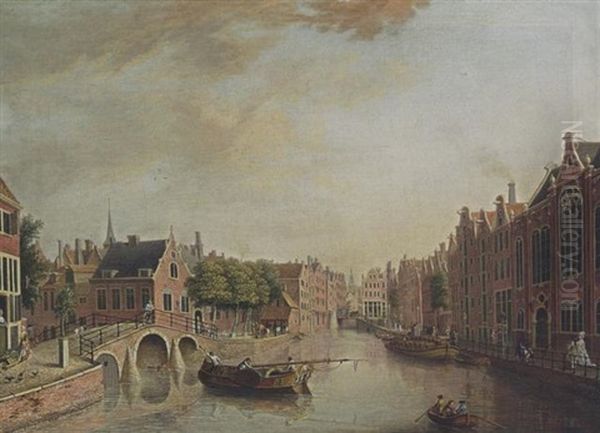 Amsterdam: A View Of The Spui And The Bridge Of The Kalverstraatt, The Tower Of The Zuiderkerk In The Background Oil Painting by Johann Jacob Koller