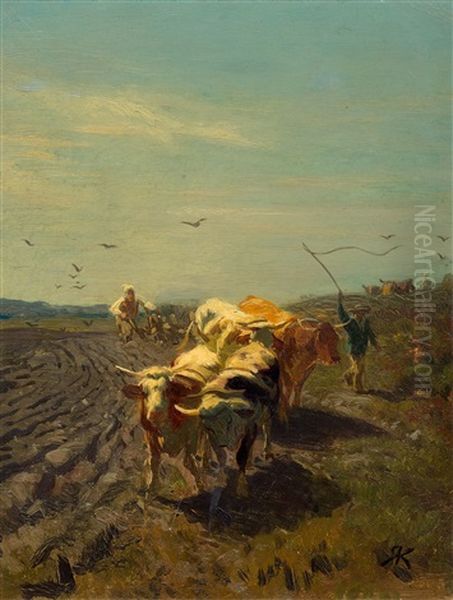 Tiller With Four Cows Oil Painting by Johann Rudolf Koller