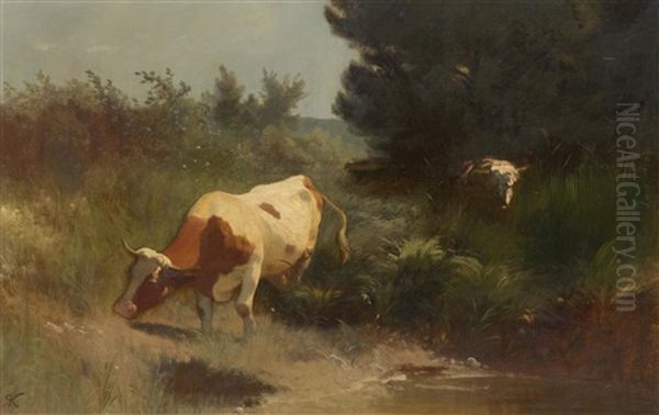 Two Cows At A Stream Oil Painting by Johann Rudolf Koller