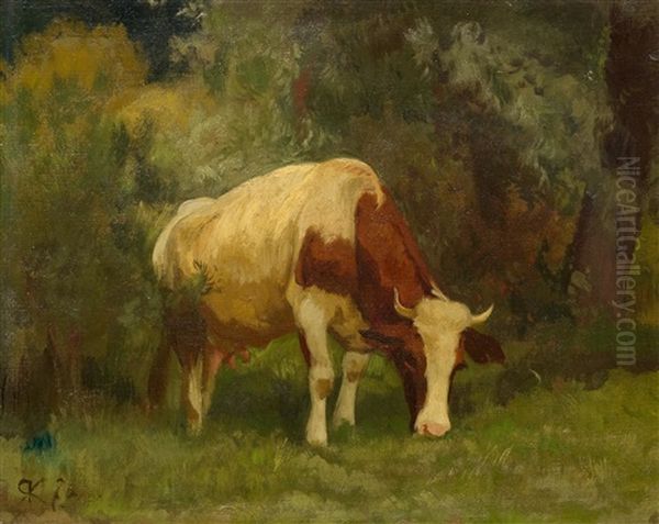 Grazing Cow Oil Painting by Johann Rudolf Koller