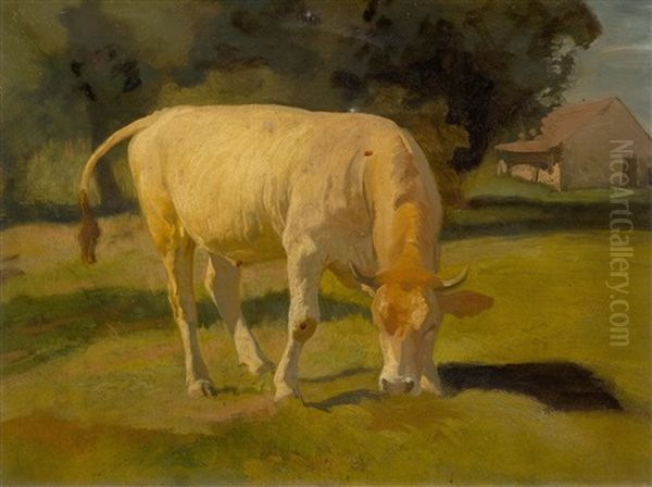 Study Of A Cow Before A Farm Oil Painting by Johann Rudolf Koller