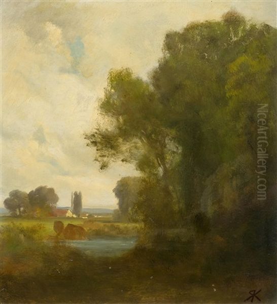 Group Of Trees By A River Oil Painting by Johann Rudolf Koller