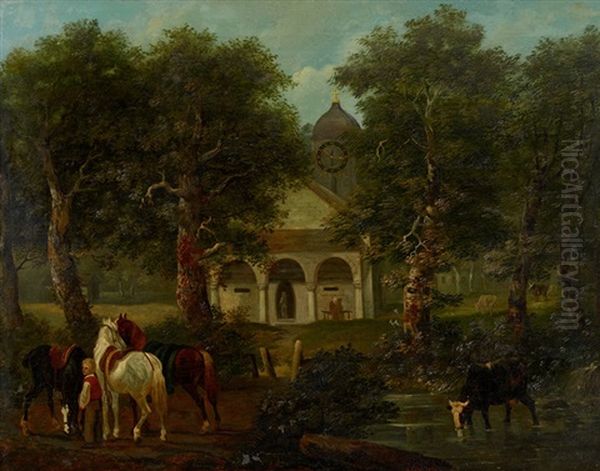 Landschaft Mit Kirche Und Kuhen Oil Painting by Johann Rudolf Koller