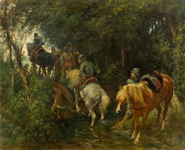 Soldiers On Horseback On A Forest Path Oil Painting by Johann Rudolf Koller