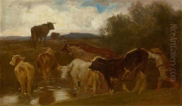 Herd Of Cows In A Ford Oil Painting by Johann Rudolf Koller