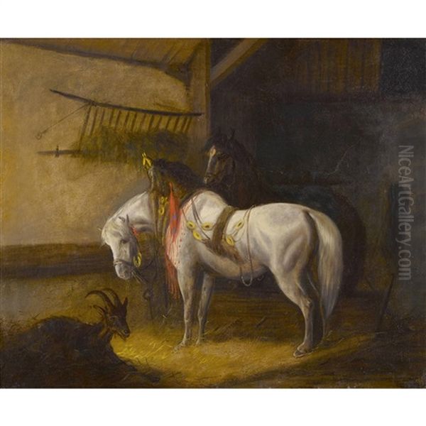 Pferde Und Ziege Im Stall Oil Painting by Johann Rudolf Koller