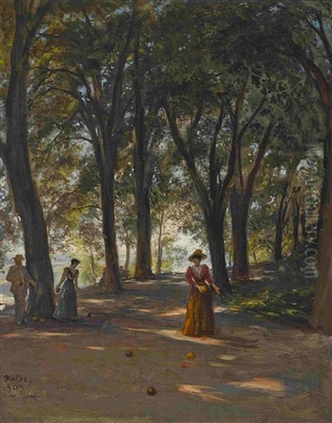 Boulespiel Am Baumbestandenen Seeufer Oil Painting by Johann Rudolf Koller