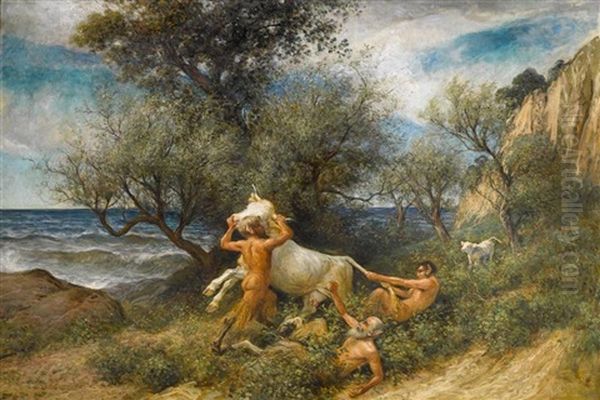 Drei Faune Mit Kuh Und Kalb Oil Painting by Johann Rudolf Koller