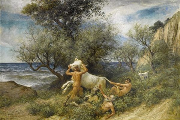 Drei Faune Mit Kuh Und Kalb Oil Painting by Johann Rudolf Koller