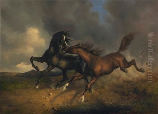 Pferde Wahrend Eines Gewitters (horses During A Thunderstorm) Oil Painting by Johann Rudolf Koller