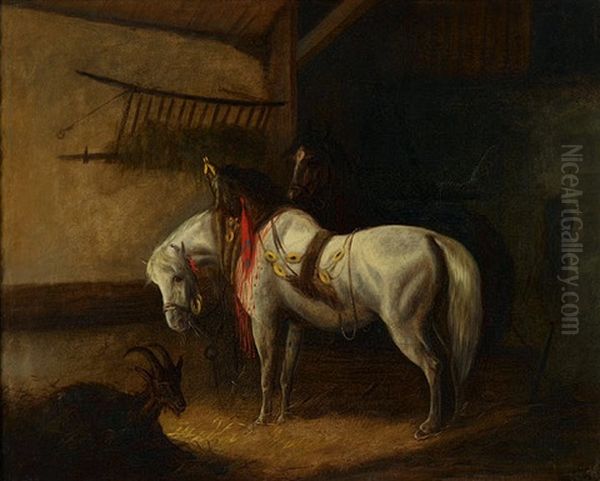 Zwei Pferde Und Ziege Im Stall Oil Painting by Johann Rudolf Koller