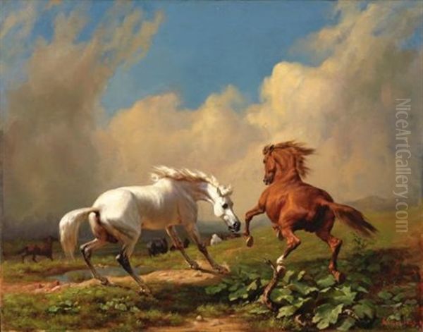 Scheuende Pferde Bei Aufziehendem Gewitter (horses Balking At Approaching Storm) Oil Painting by Johann Rudolf Koller