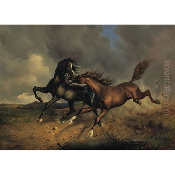 Pferde Wahrend Eines Gewitters (horses In A Storm) Oil Painting by Johann Rudolf Koller