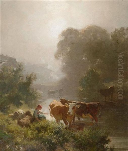 Landschaft Mit Kuhen Und Einer Magd Am Fluss Oil Painting by Johann Rudolf Koller