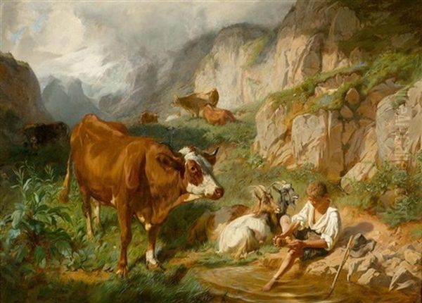 Hirtenknabe Mit Herde In Den Bergen Oil Painting by Johann Rudolf Koller