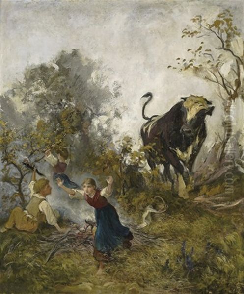 Junger Stier, Kinder Erschreckend Oil Painting by Johann Rudolf Koller