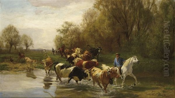 Kuhe Mit Reiter Am Wasser Beim Zurichhorn Oil Painting by Johann Rudolf Koller