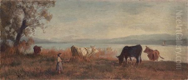 Madchen Mit Kuhen Am Zurichhorn Oil Painting by Johann Rudolf Koller