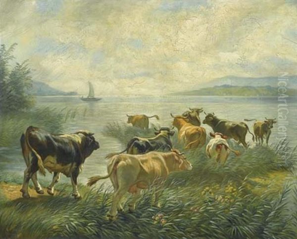 Kuhherde Am See Oil Painting by Johann Rudolf Koller