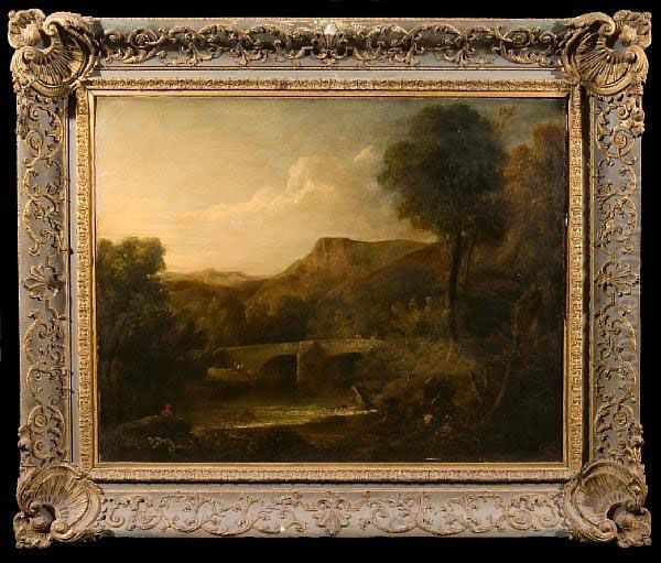 Bridge With Figures In A Landscape Oil Painting by George Howland Beaumont