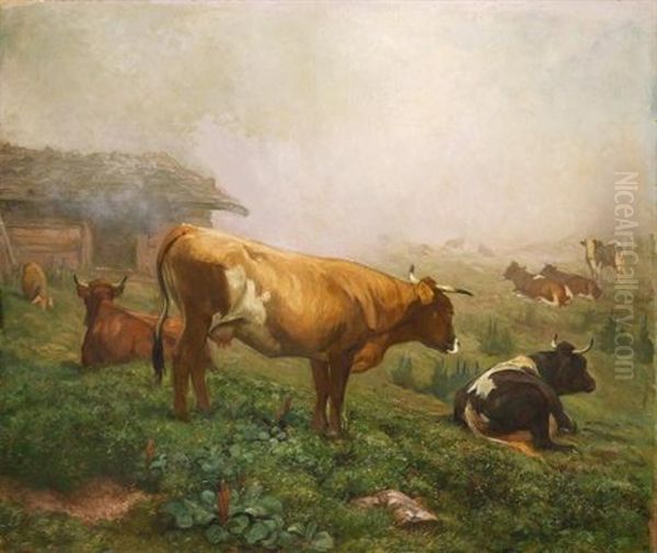 Kuhe Im Nebel Oil Painting by Johann Rudolf Koller