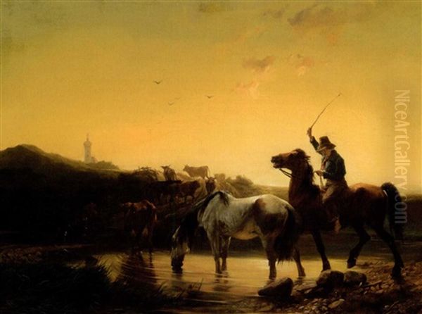 Hirt Zu Pferd Mit Seiner Herde An Einer Furt Oil Painting by Johann Rudolf Koller