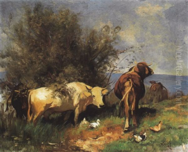 Vieh Bei Einem Weidenstrauch Oil Painting by Johann Rudolf Koller