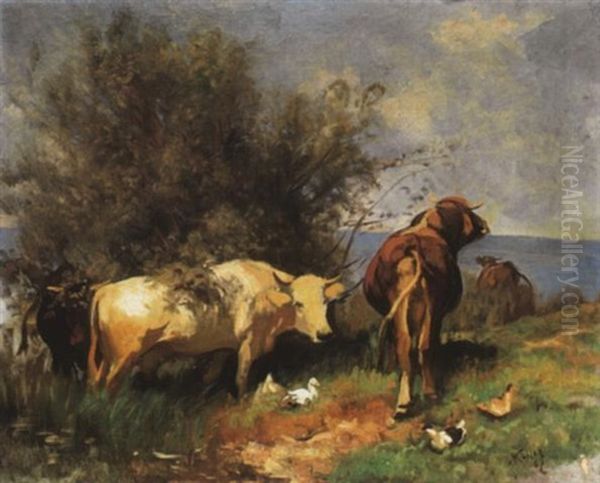 Vieh Bei Einem Weidenstrauch Oil Painting by Johann Rudolf Koller