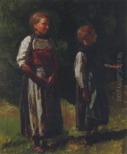 Zwei Haslitaler Madchen Oil Painting by Johann Rudolf Koller