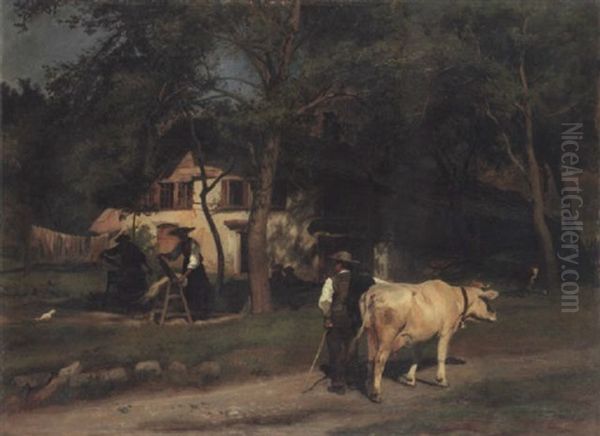 Viehhandler Mit Kuh Und Flachsbrecherinnen In Meiringen Oil Painting by Johann Rudolf Koller