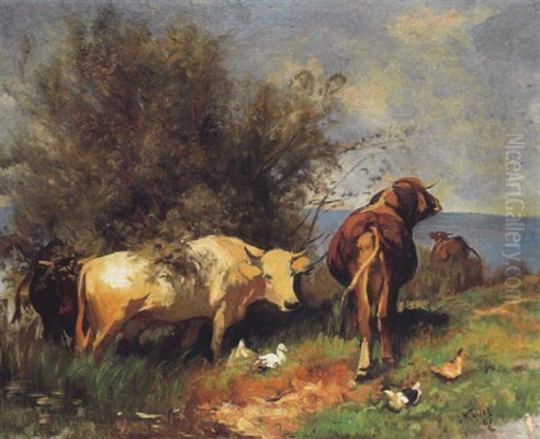 Vieh Bei Einem Weidenstrauch Oil Painting by Johann Rudolf Koller