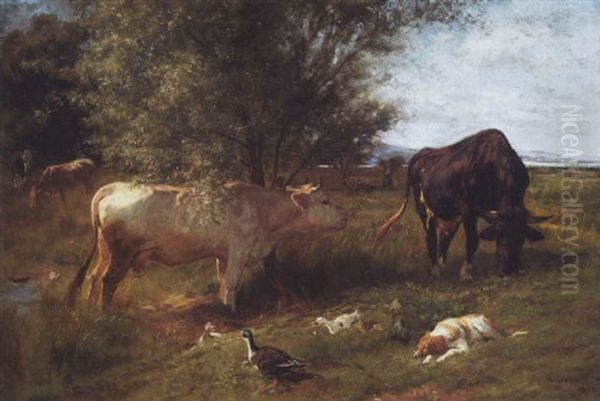 Kuhe, Enten Und Hund Am Zurichhorn Oil Painting by Johann Rudolf Koller