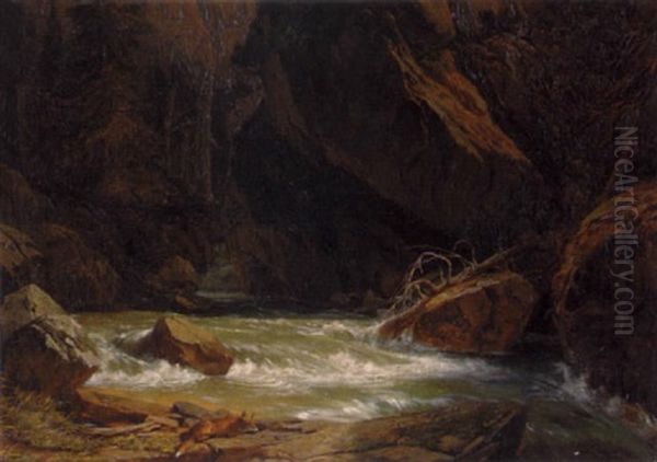 Waldlandschaft Mit Fuchs An Einem Fluss Oil Painting by Johann Rudolf Koller