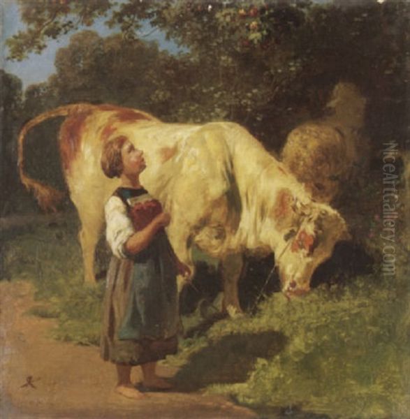 Madchen Mit Kuh Auf Dem Weg Oil Painting by Johann Rudolf Koller