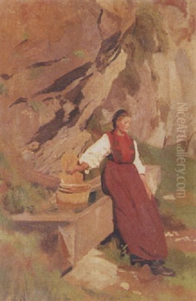 Haslitalerin Am Brunnen Oil Painting by Johann Rudolf Koller