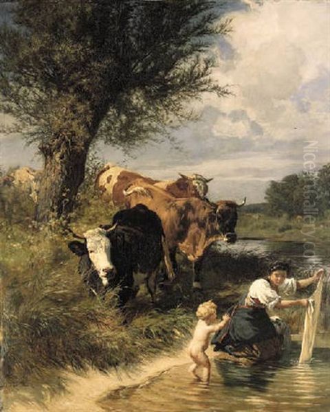 Kuhe Und Wascherin Am Bach Oil Painting by Johann Rudolf Koller