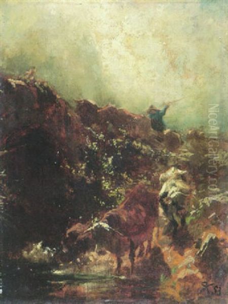 Kuhtreiber Mit Zwei Kuhen An Einem Bach Oil Painting by Johann Rudolf Koller