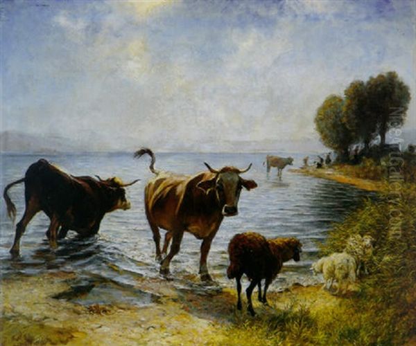 Kuhe Und Schafe Am Zurichsee Oil Painting by Johann Rudolf Koller