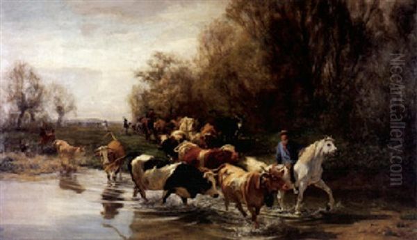 Viehtreiber Auf Einem Schimmel Mit Einer Herde Von Kuhen Und Pferden Oil Painting by Johann Rudolf Koller