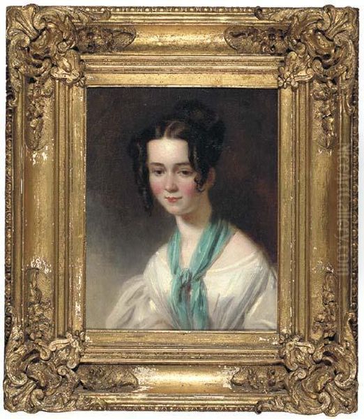 Portrait Of Emily Beaumont (d.1849), The Artist's Daughter,half-length In A White Dress And Green Shawl Oil Painting by John Thomas Barber Beaumont