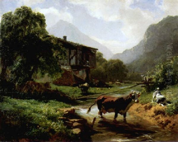 Landschaft Mit Kuh Und Hund. Im Hintergrund Ein Kleines Haus Mit Mutter Und Kind Oil Painting by Johann Rudolf Koller